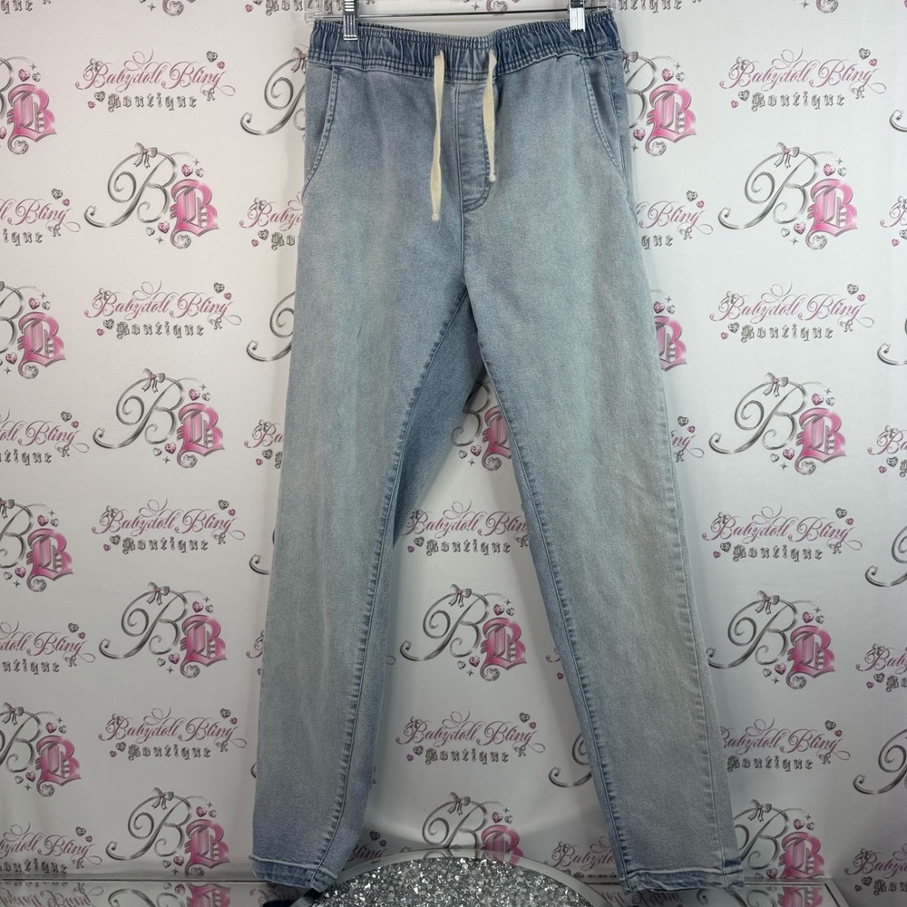 Lira jeans pants tie up waist straight leg light wash Light Blue Boyfriend Jeans